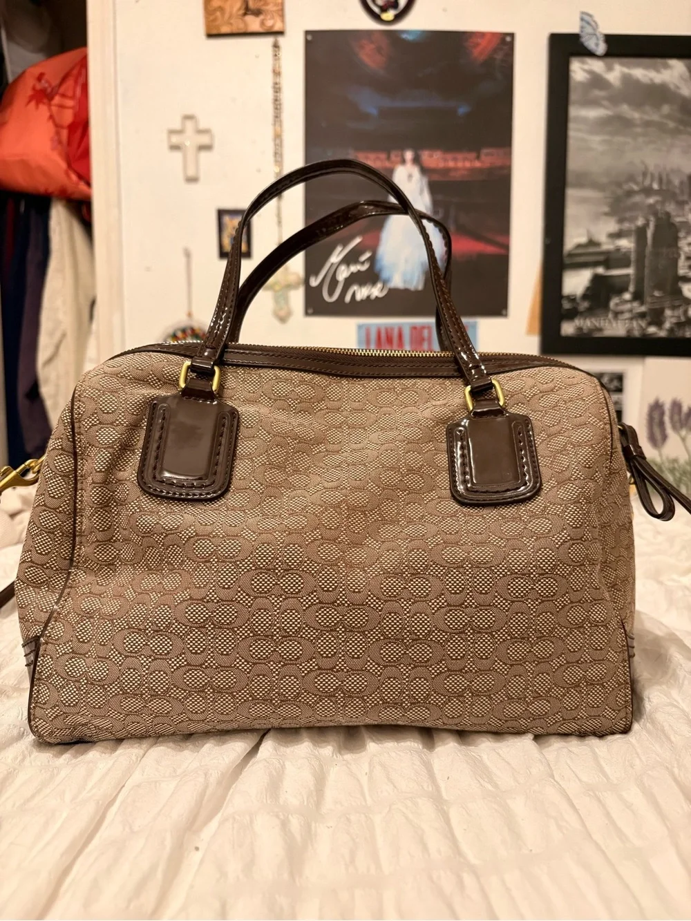 Stylish Tan Patterned Satchel Bag with Dark Brown Trim